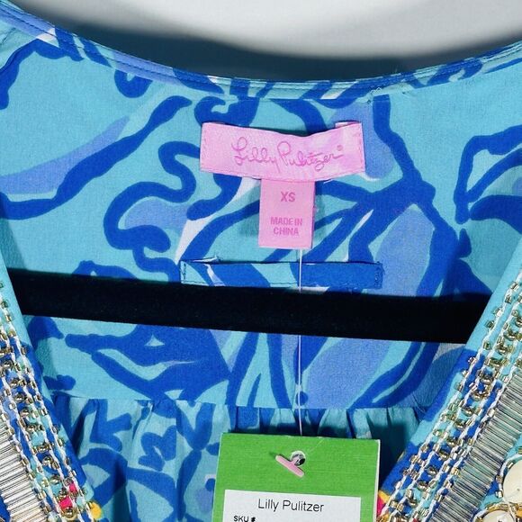 NWT Rare Lilly Pulitzer Wilda Maxi Caftan Iris Blue Mai Tai Size XS Missing Belt - Picture 11 of 11